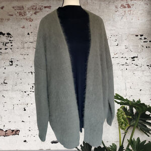 WHITEA ANNIE Soft olive green chunky rib fluffy knit Cardigan pockets oversize